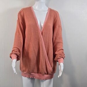 Venus Womens Large Coral Pink Waffle Knit Surplice Wrap V-Neck Sweater Oversized